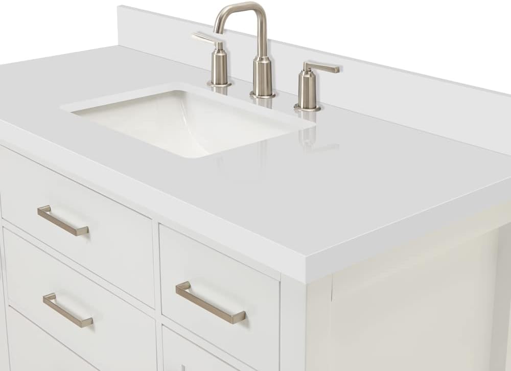 ARIEL Bristol 49" Inch White Bathroom Vanity, Center Rectangle Sink, 1.5" Inch Edge Pure White Quartz Countertop, 2 Soft-Closing Doors & 5 Dovetail Full Extension Drawers
