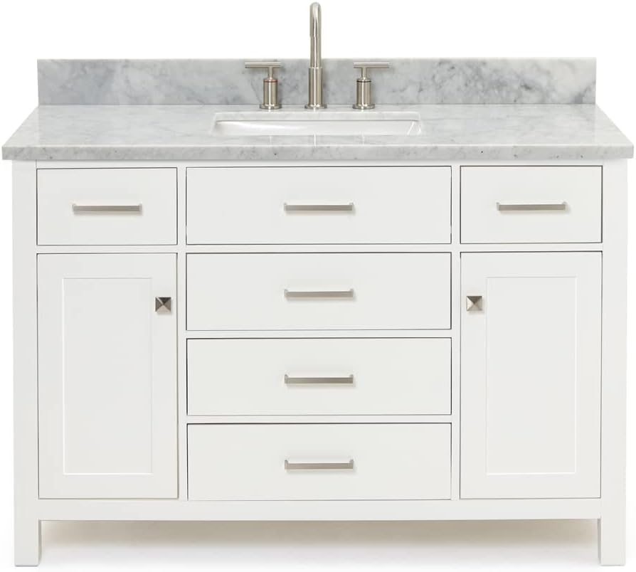 ARIEL Bristol 49" Inch White Bathroom Vanity, Center Rectangle Sink, 1.5" Inch Edge Pure White Quartz Countertop, 2 Soft-Closing Doors & 5 Dovetail Full Extension Drawers