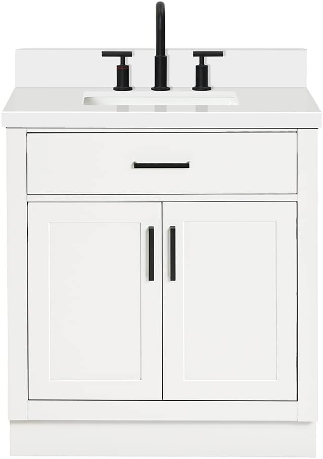 ARIEL 31" Bathroom Vanity with Single Sink, White Bathroom Vanity Cabinet, Quartz Top 1.5" Edge, Solid Wood, Undermount Bathroom Sink, 2 Soft Closing Doors, 1 Tip-Out Drawer, Hepburn Collection