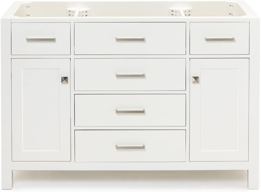 ARIEL Bristol 49" Inch White Bathroom Vanity, Center Rectangle Sink, 1.5" Inch Edge Pure White Quartz Countertop, 2 Soft-Closing Doors & 5 Dovetail Full Extension Drawers