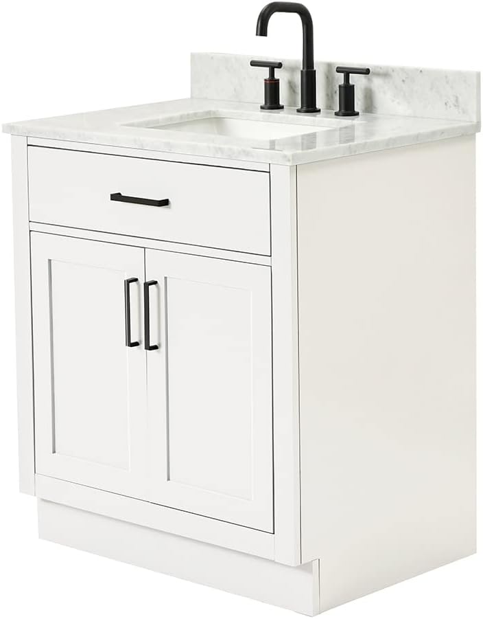 ARIEL 31" Bathroom Vanity with Single Sink, White Bathroom Vanity Cabinet, Quartz Top 1.5" Edge, Solid Wood, Undermount Bathroom Sink, 2 Soft Closing Doors, 1 Tip-Out Drawer, Hepburn Collection