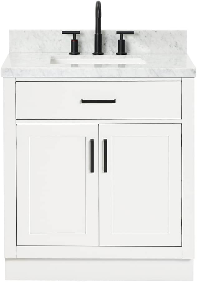 ARIEL 31" Bathroom Vanity with Single Sink, White Bathroom Vanity Cabinet, Quartz Top 1.5" Edge, Solid Wood, Undermount Bathroom Sink, 2 Soft Closing Doors, 1 Tip-Out Drawer, Hepburn Collection