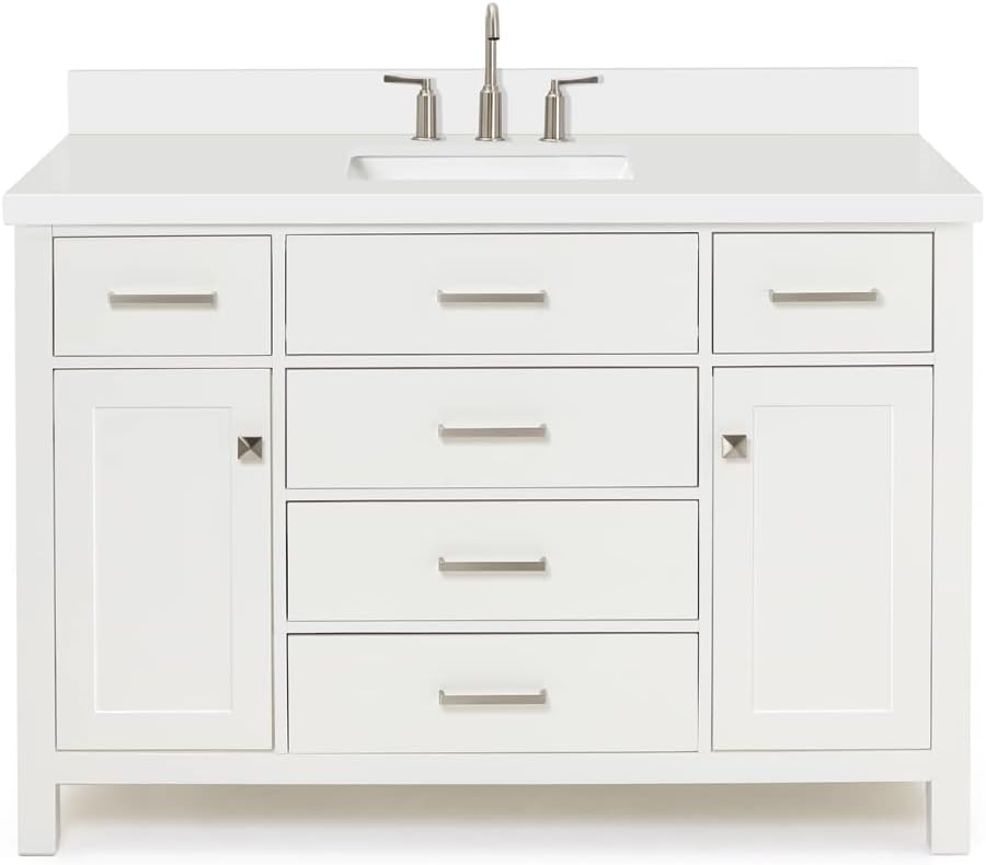ARIEL Bristol 49" Inch White Bathroom Vanity, Center Rectangle Sink, 1.5" Inch Edge Pure White Quartz Countertop, 2 Soft-Closing Doors & 5 Dovetail Full Extension Drawers