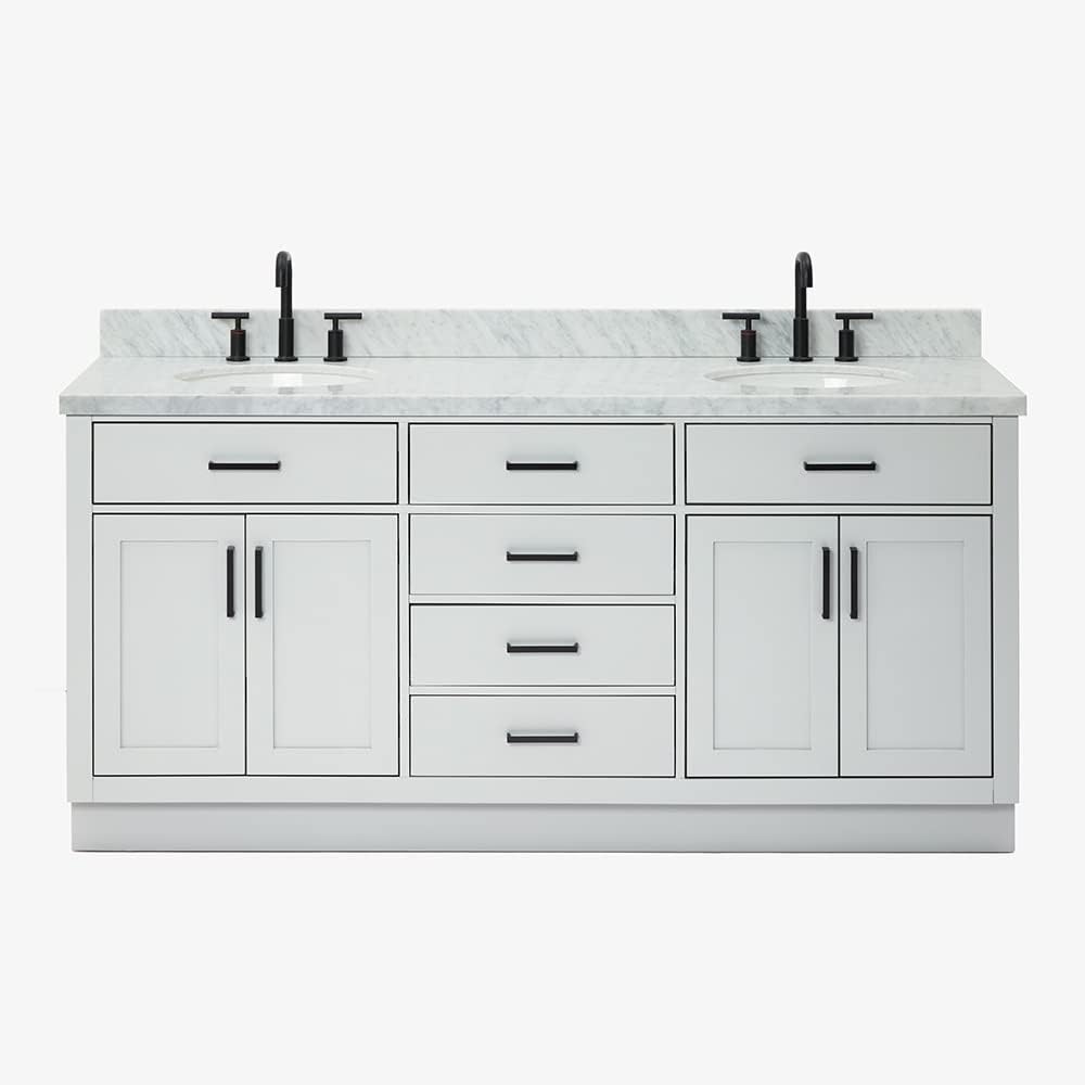 ARIEL 73" White Double Vanity, 1.5" Edge Pure White Quartz Countertop & Splash, Oval Sinks, 4 Soft Closing Doors, 6 Full Extension Dovetail Drawers, Toe Kick, Matte Black
