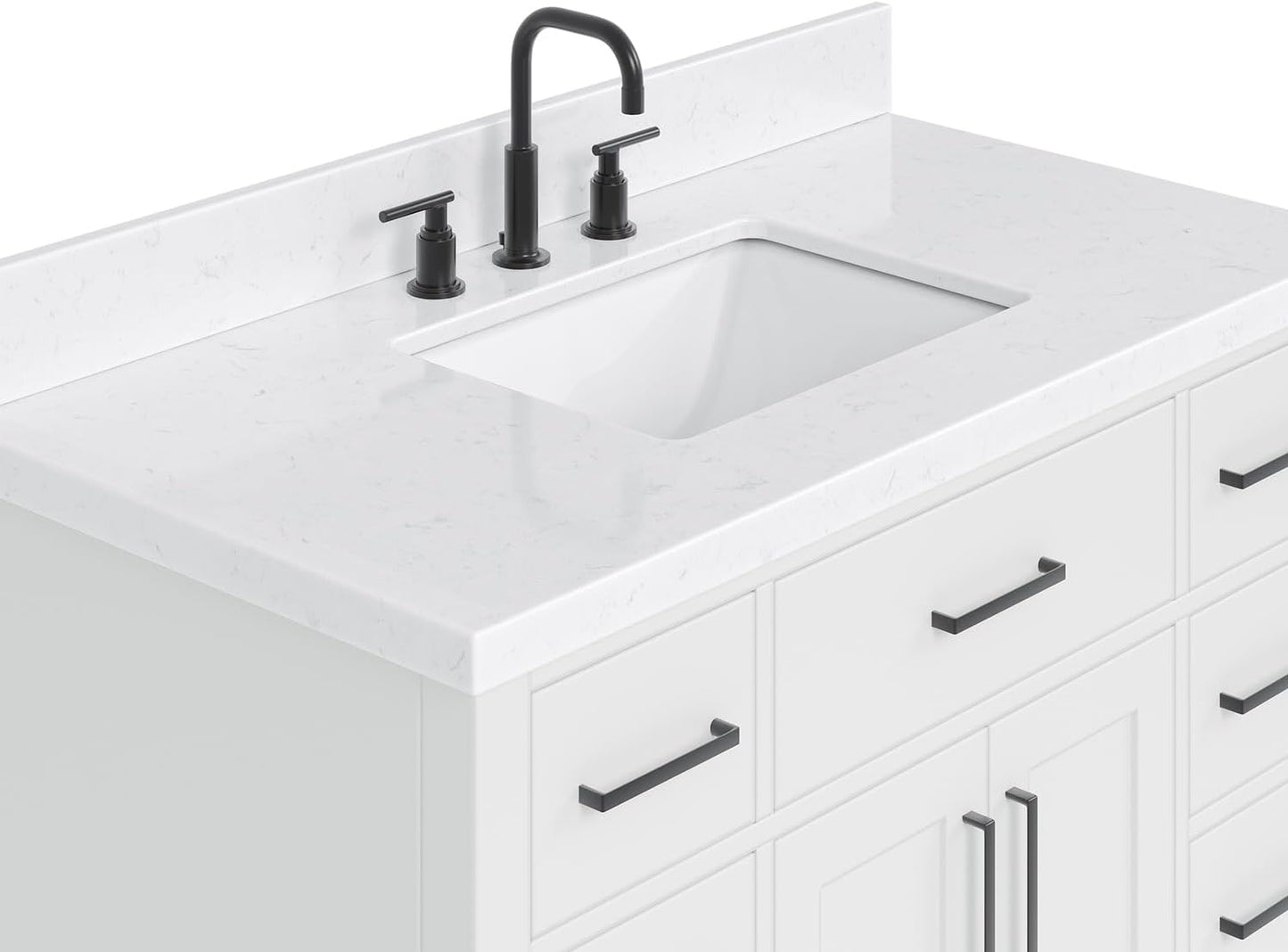 ARIEL Hepburn 42 Inch Single Sink Bathroom Vanity in White, 1.5" Edge Carrara Quartz Top, Solid Wood, Rectangular Sink, 2 Soft Closing Doors, 9 Full Extension Dovetail Drawers, Toe Kick
