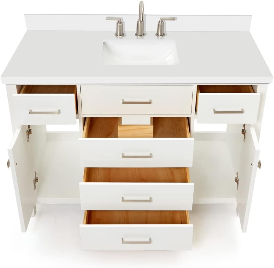 ARIEL Bristol 49" Inch White Bathroom Vanity, Center Rectangle Sink, 1.5" Inch Edge Pure White Quartz Countertop, 2 Soft-Closing Doors & 5 Dovetail Full Extension Drawers