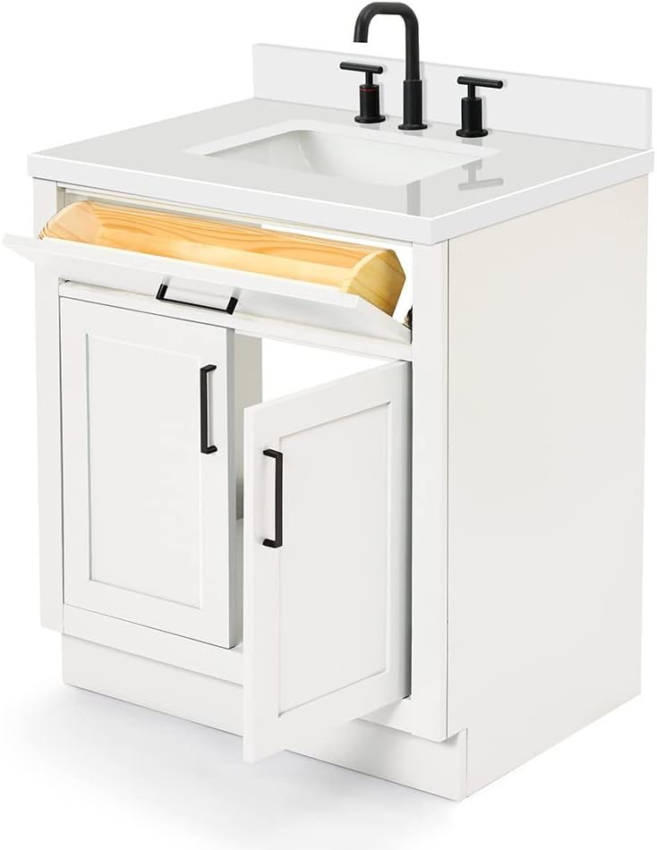 ARIEL 31" Bathroom Vanity with Single Sink, White Bathroom Vanity Cabinet, Quartz Top 1.5" Edge, Solid Wood, Undermount Bathroom Sink, 2 Soft Closing Doors, 1 Tip-Out Drawer, Hepburn Collection