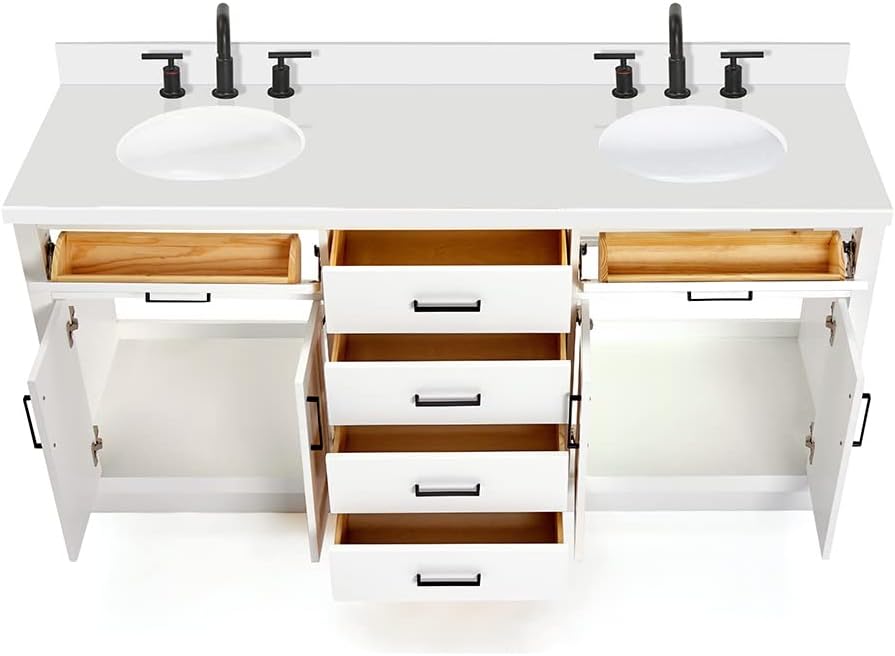 ARIEL 73" White Double Vanity, 1.5" Edge Pure White Quartz Countertop & Splash, Oval Sinks, 4 Soft Closing Doors, 6 Full Extension Dovetail Drawers, Toe Kick, Matte Black