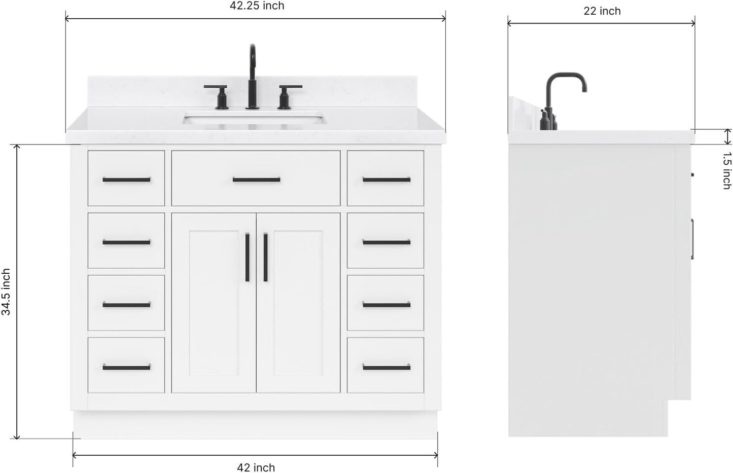 ARIEL Hepburn 42 Inch Single Sink Bathroom Vanity in White, 1.5" Edge Carrara Quartz Top, Solid Wood, Rectangular Sink, 2 Soft Closing Doors, 9 Full Extension Dovetail Drawers, Toe Kick