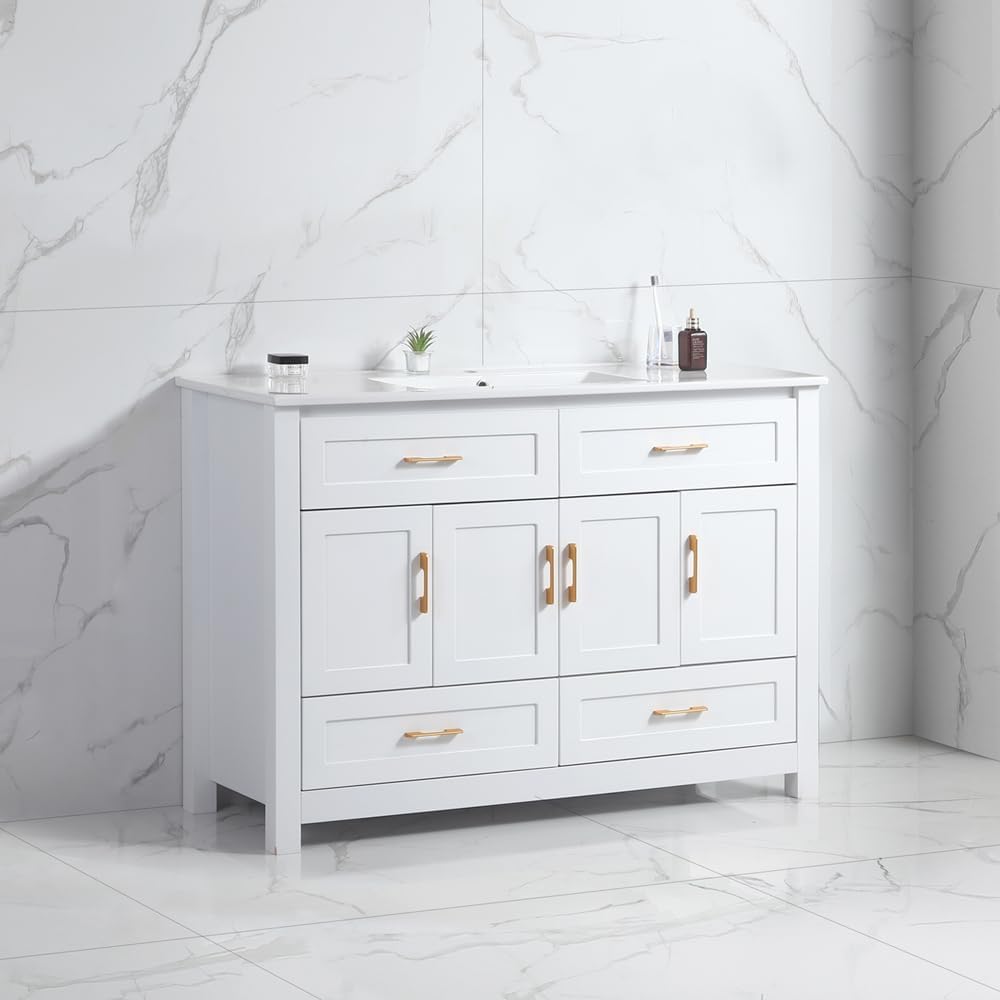 KEIKI 48" Bathroom Vanity with Ceramic Sink, Single Sink Cabinet with 4 Drawers & 4 Soft-Close Doors, Modern Wood Storage Vanity for Bathroom, Black