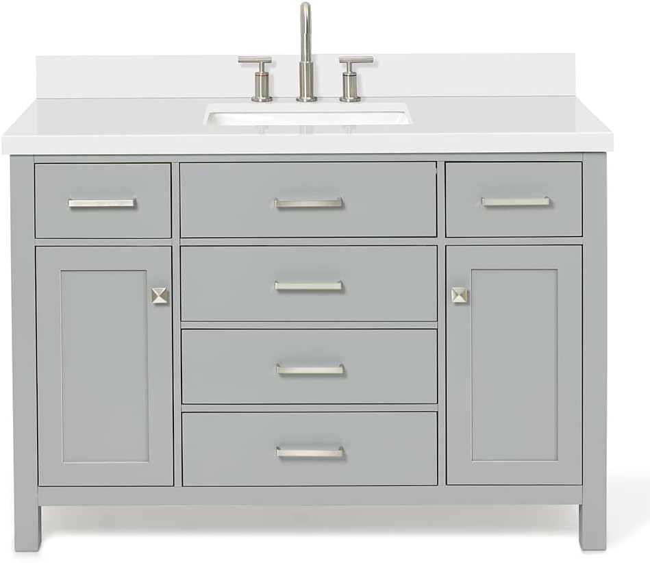 ARIEL Bristol 49" Inch White Bathroom Vanity, Center Rectangle Sink, 1.5" Inch Edge Pure White Quartz Countertop, 2 Soft-Closing Doors & 5 Dovetail Full Extension Drawers