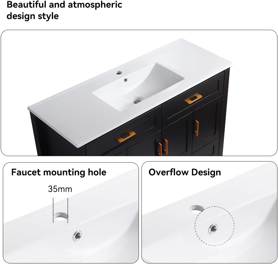 KEIKI 48" Bathroom Vanity with Ceramic Sink, Single Sink Cabinet with 4 Drawers & 4 Soft-Close Doors, Modern Wood Storage Vanity for Bathroom, Black