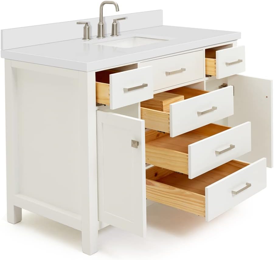 ARIEL Bristol 49" Inch White Bathroom Vanity, Center Rectangle Sink, 1.5" Inch Edge Pure White Quartz Countertop, 2 Soft-Closing Doors & 5 Dovetail Full Extension Drawers