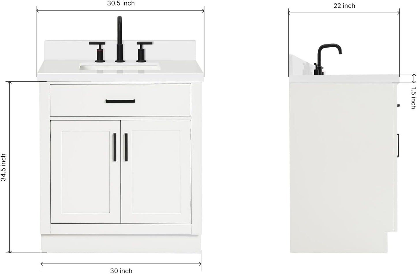 ARIEL 31" Bathroom Vanity with Single Sink, White Bathroom Vanity Cabinet, Quartz Top 1.5" Edge, Solid Wood, Undermount Bathroom Sink, 2 Soft Closing Doors, 1 Tip-Out Drawer, Hepburn Collection