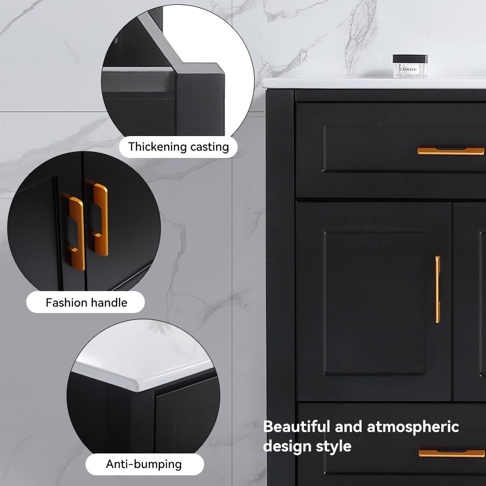 KEIKI 48" Bathroom Vanity with Ceramic Sink, Single Sink Cabinet with 4 Drawers & 4 Soft-Close Doors, Modern Wood Storage Vanity for Bathroom, Black