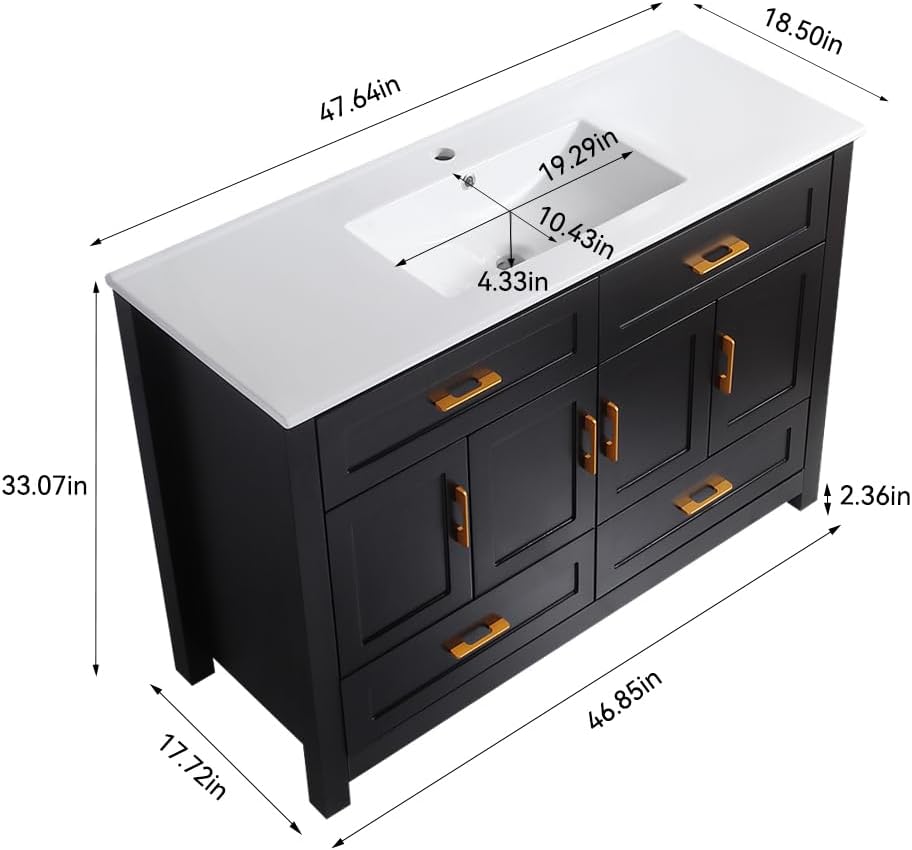 KEIKI 48" Bathroom Vanity with Ceramic Sink, Single Sink Cabinet with 4 Drawers & 4 Soft-Close Doors, Modern Wood Storage Vanity for Bathroom, Black