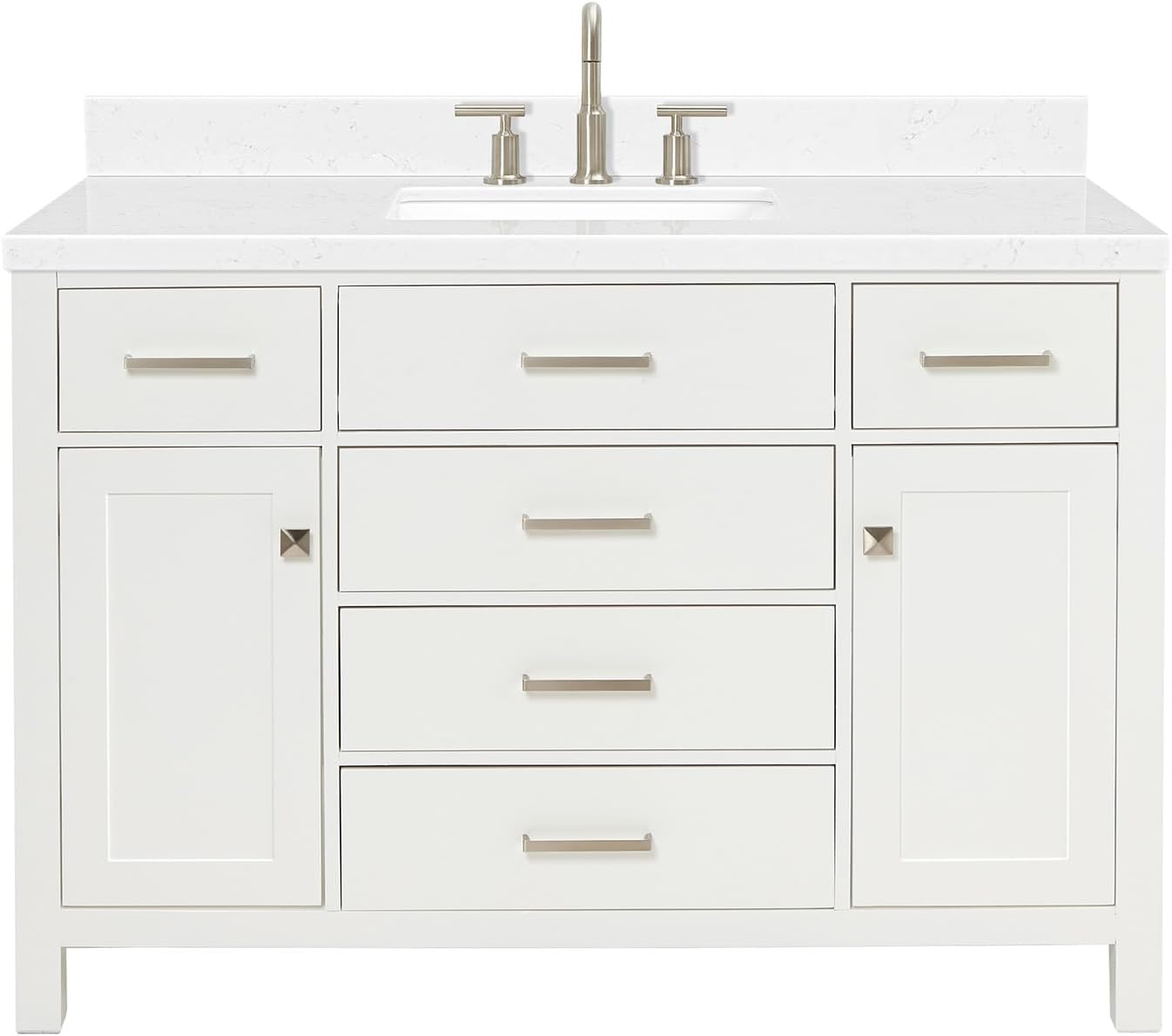 ARIEL Bristol 49" Inch White Bathroom Vanity, Center Rectangle Sink, 1.5" Inch Edge Pure White Quartz Countertop, 2 Soft-Closing Doors & 5 Dovetail Full Extension Drawers