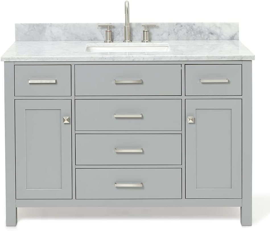 ARIEL Bristol 49" Inch White Bathroom Vanity, Center Rectangle Sink, 1.5" Inch Edge Pure White Quartz Countertop, 2 Soft-Closing Doors & 5 Dovetail Full Extension Drawers