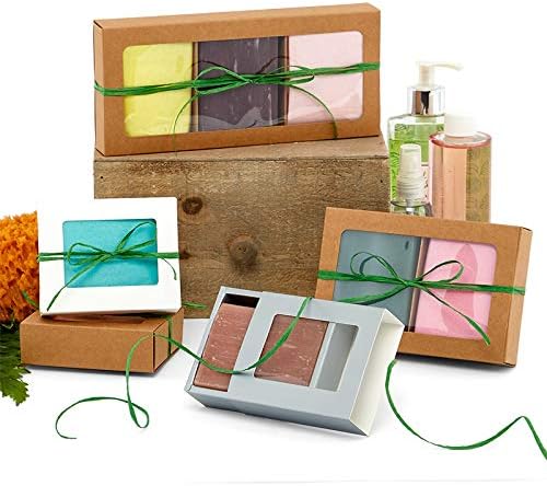 Paper Mart Soap Box with 3 Sections, 100 Pack, Slide Open Kraft Boxes with Clear Window, 9 x 4 x 1 ¼ Inch Small Gift Boxes
