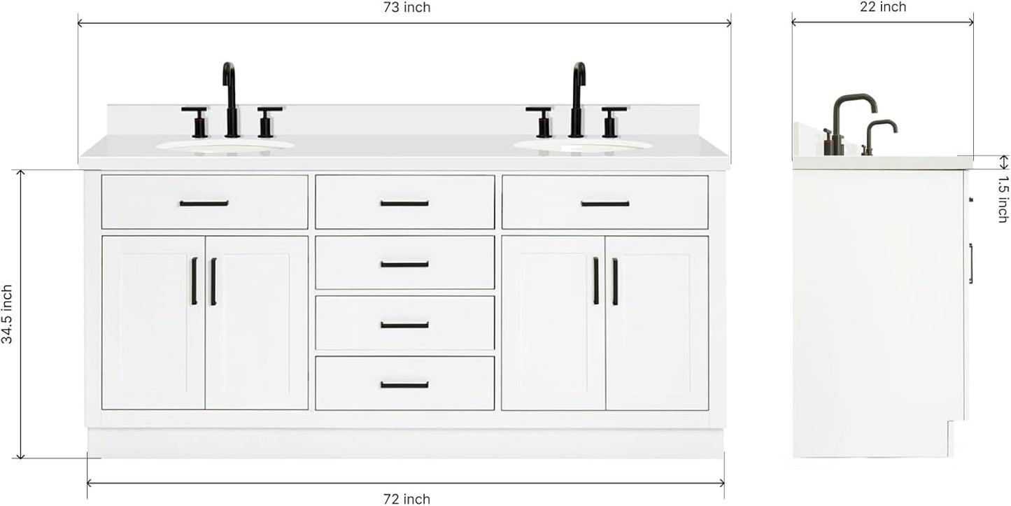 ARIEL 73" White Double Vanity, 1.5" Edge Pure White Quartz Countertop & Splash, Oval Sinks, 4 Soft Closing Doors, 6 Full Extension Dovetail Drawers, Toe Kick, Matte Black
