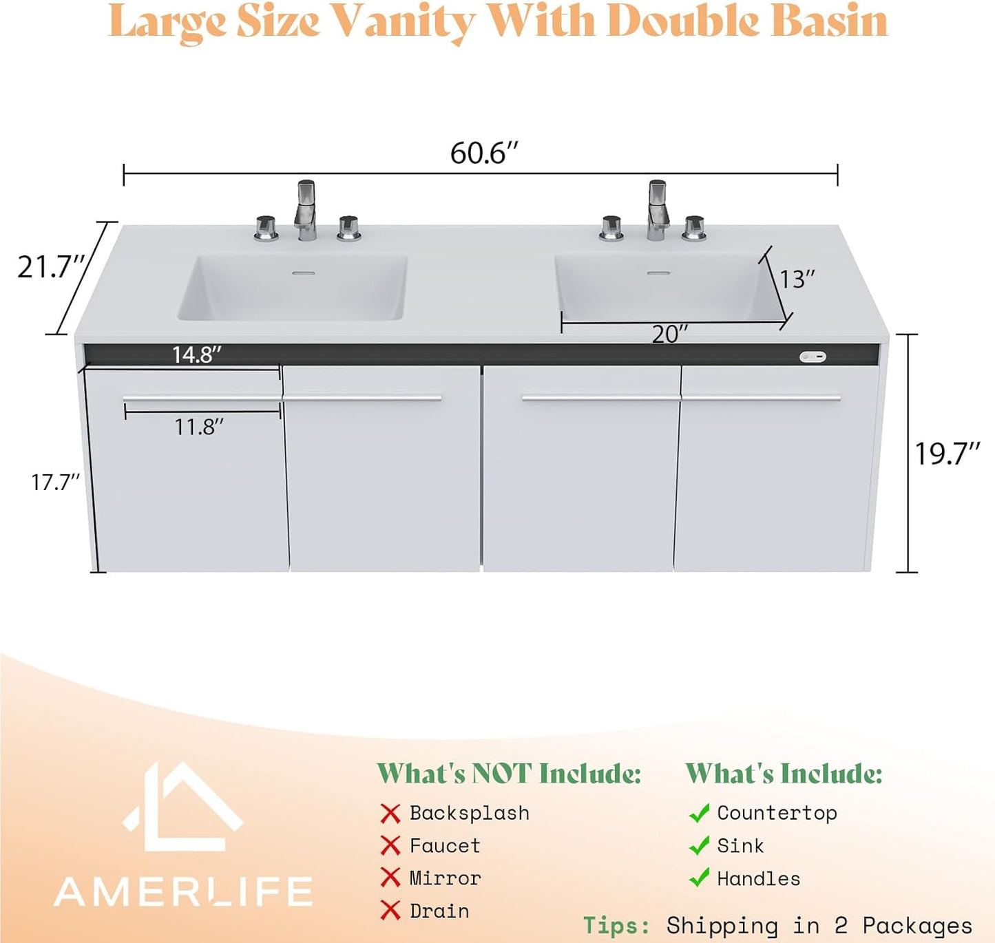AMERLIFE 60" LED Floating Bathroom Double Vanity with Sink Combo, Modern High Gloss Wall Mounted Bathroom Storage Cabinet with 3 Hole Sink & & Metal Handles & Soft Closing Doors, White