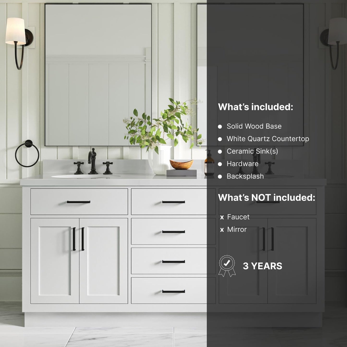 ARIEL 73" White Double Vanity, 1.5" Edge Pure White Quartz Countertop & Splash, Oval Sinks, 4 Soft Closing Doors, 6 Full Extension Dovetail Drawers, Toe Kick, Matte Black