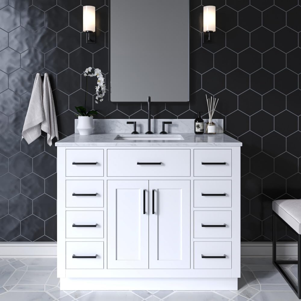 ARIEL Hepburn 42 Inch Single Sink Bathroom Vanity in White, 1.5" Edge Carrara Quartz Top, Solid Wood, Rectangular Sink, 2 Soft Closing Doors, 9 Full Extension Dovetail Drawers, Toe Kick