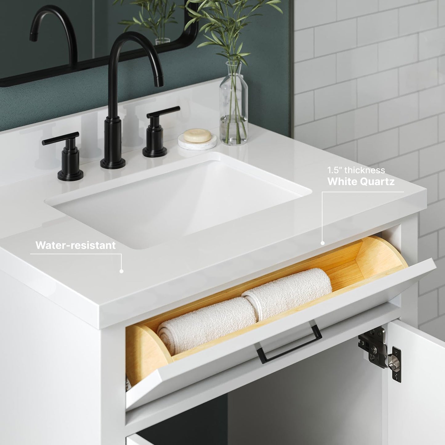 ARIEL 31" Bathroom Vanity with Single Sink, White Bathroom Vanity Cabinet, Quartz Top 1.5" Edge, Solid Wood, Undermount Bathroom Sink, 2 Soft Closing Doors, 1 Tip-Out Drawer, Hepburn Collection