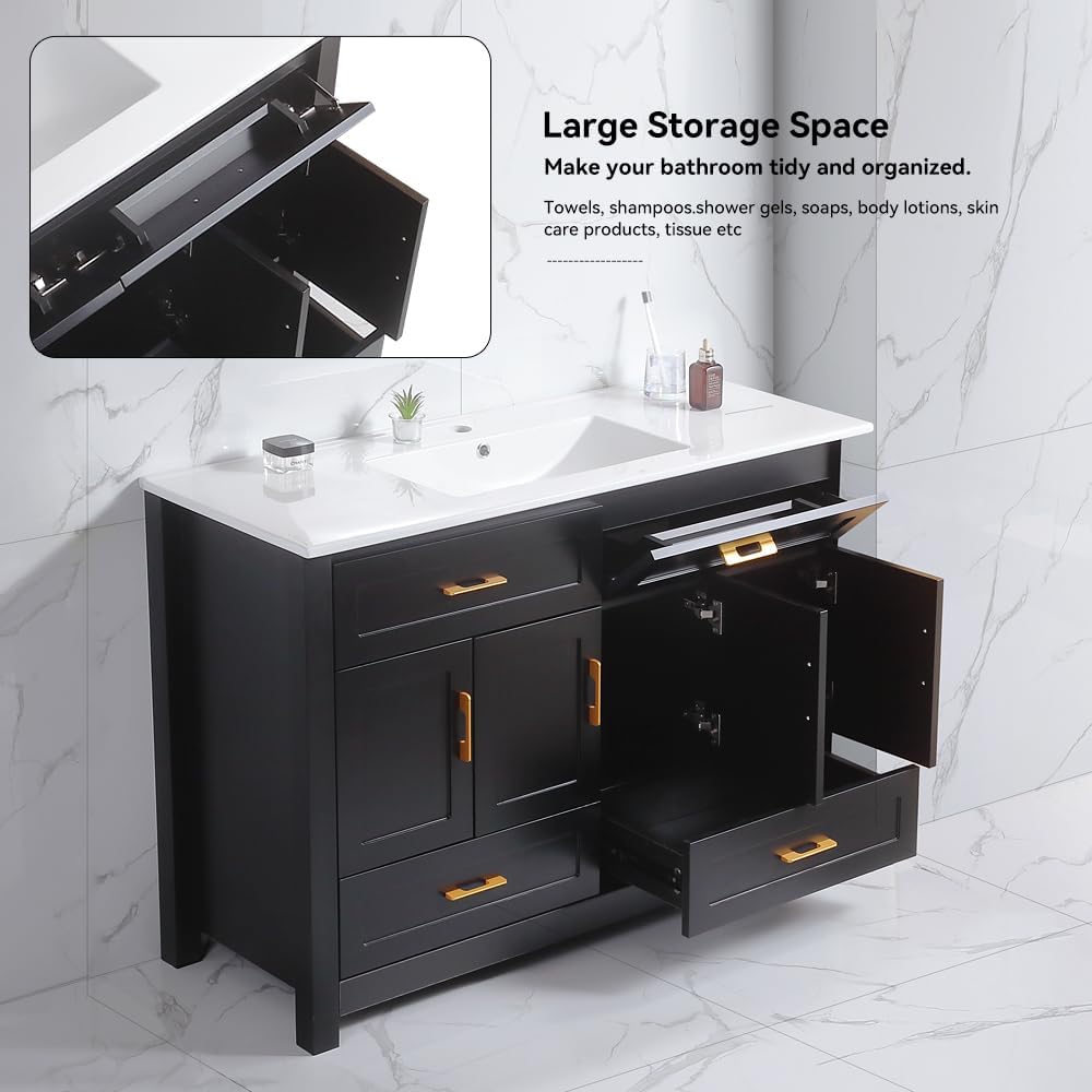 KEIKI 48" Bathroom Vanity with Ceramic Sink, Single Sink Cabinet with 4 Drawers & 4 Soft-Close Doors, Modern Wood Storage Vanity for Bathroom, Black