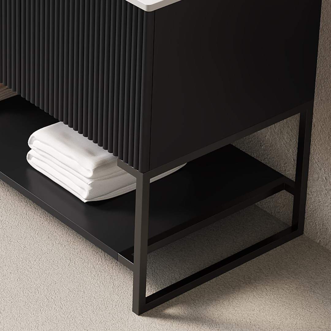 48" Black Bathroom Vanity with Sink, Freestanding Modern Bathroom Vanity with 3 Doors and Open Shelf, Black Rectangular Ceramic Basin and White Sintered Stone Counter Top