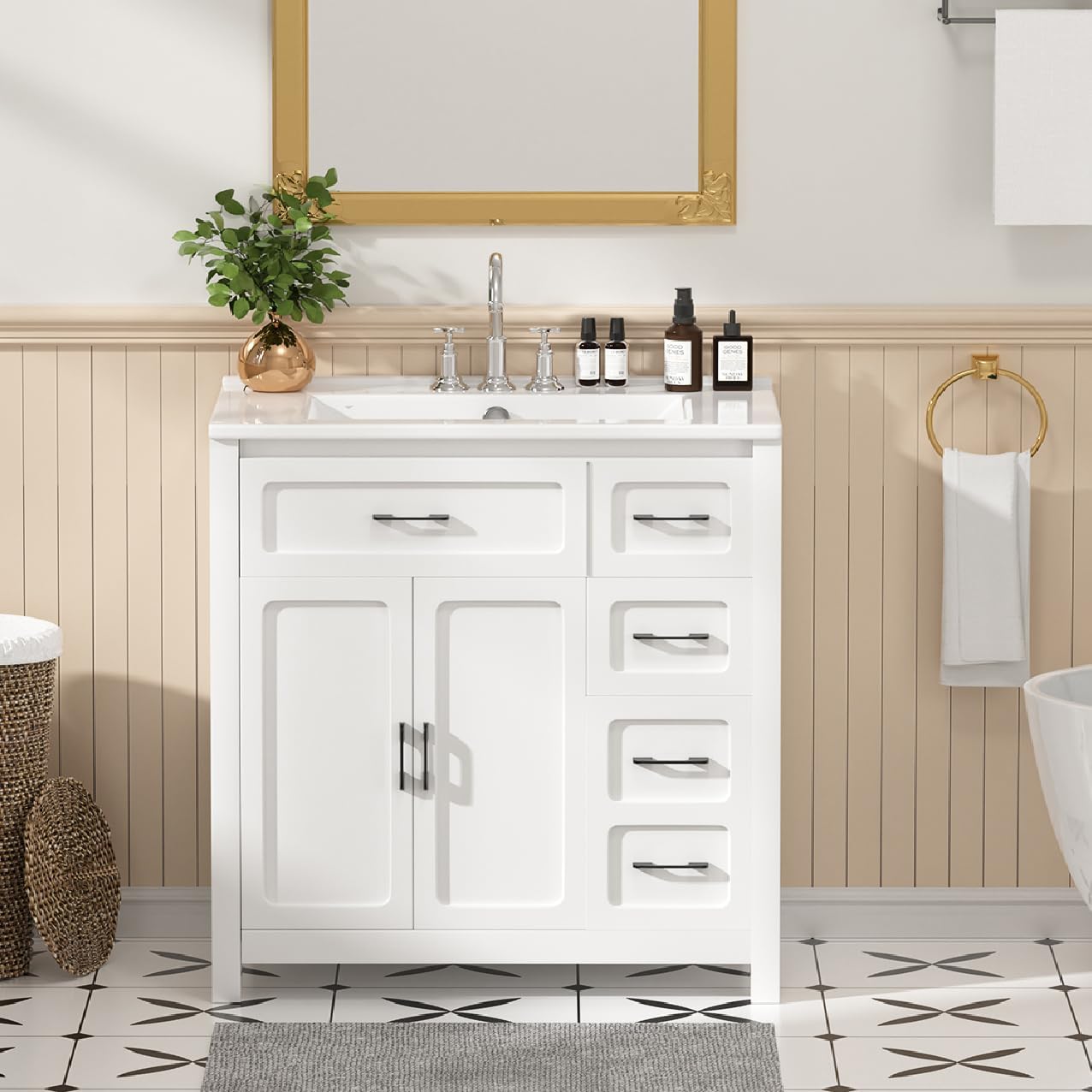 48" Bathroom Vanities with Sink Combo Modern Thickened Wood Bathroom Storage Cabinet Undermount Double Sink, with 4 Soft Closing Doors & 4 Drawers,Black