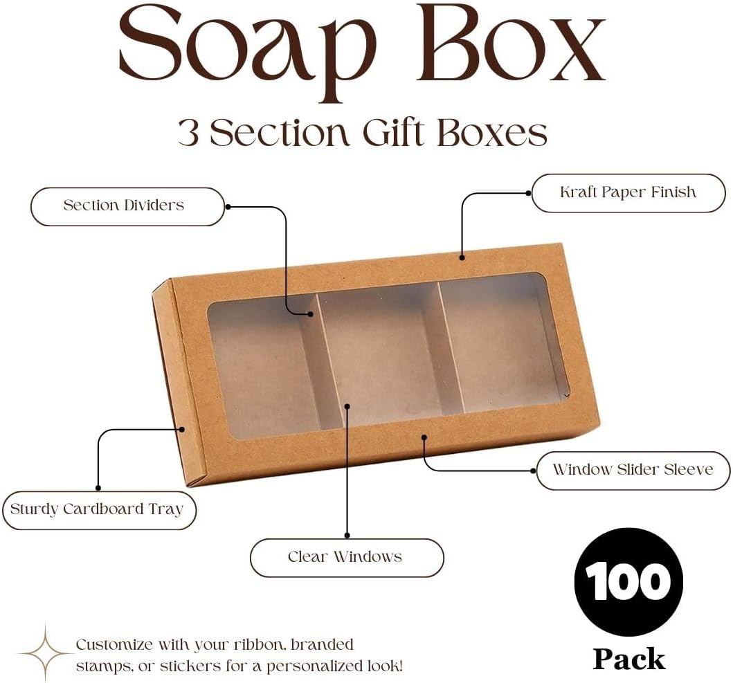 Paper Mart Soap Box with 3 Sections, 100 Pack, Slide Open Kraft Boxes with Clear Window, 9 x 4 x 1 ¼ Inch Small Gift Boxes