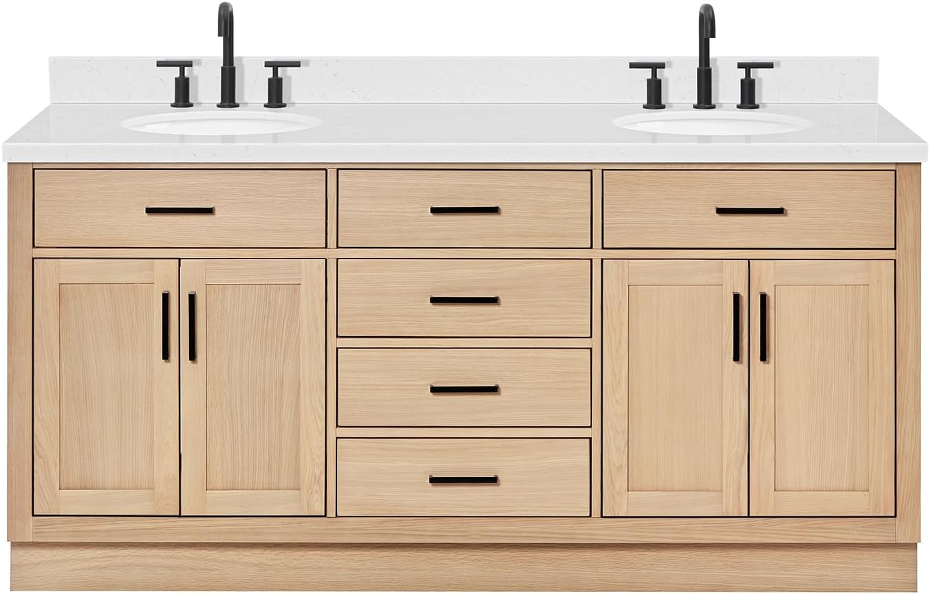 ARIEL 73" White Double Vanity, 1.5" Edge Pure White Quartz Countertop & Splash, Oval Sinks, 4 Soft Closing Doors, 6 Full Extension Dovetail Drawers, Toe Kick, Matte Black