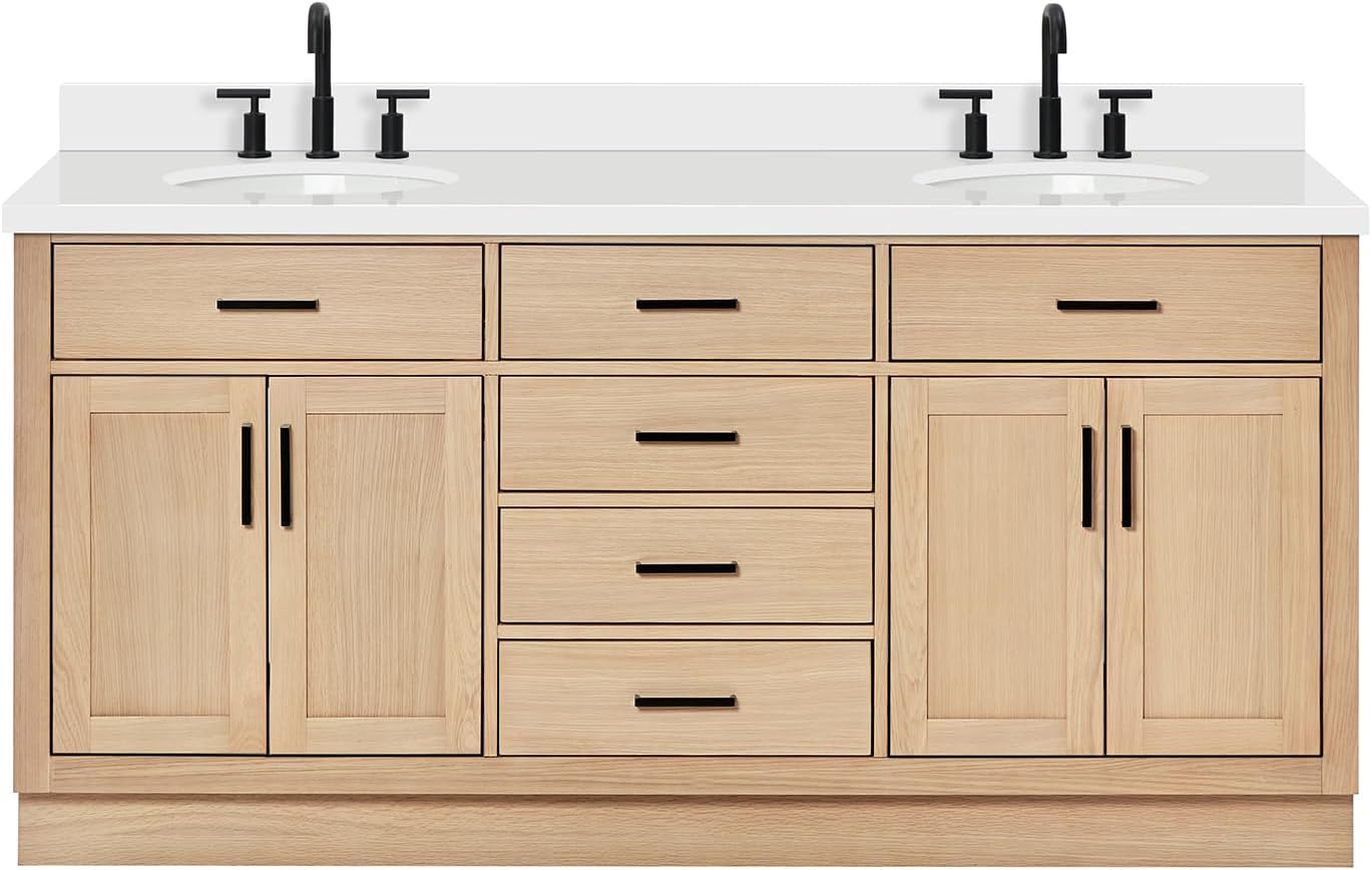 ARIEL 73" White Double Vanity, 1.5" Edge Pure White Quartz Countertop & Splash, Oval Sinks, 4 Soft Closing Doors, 6 Full Extension Dovetail Drawers, Toe Kick, Matte Black