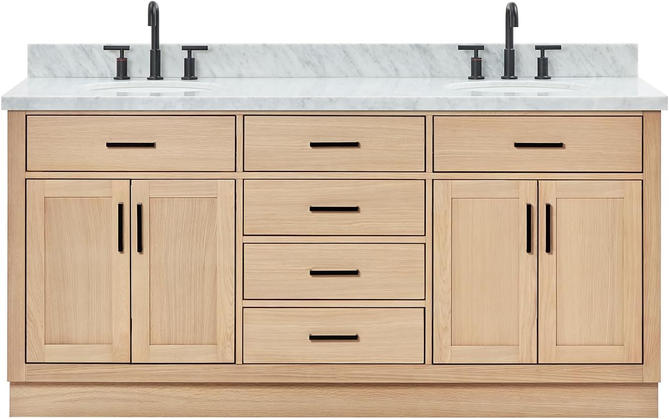 ARIEL 73" White Double Vanity, 1.5" Edge Pure White Quartz Countertop & Splash, Oval Sinks, 4 Soft Closing Doors, 6 Full Extension Dovetail Drawers, Toe Kick, Matte Black