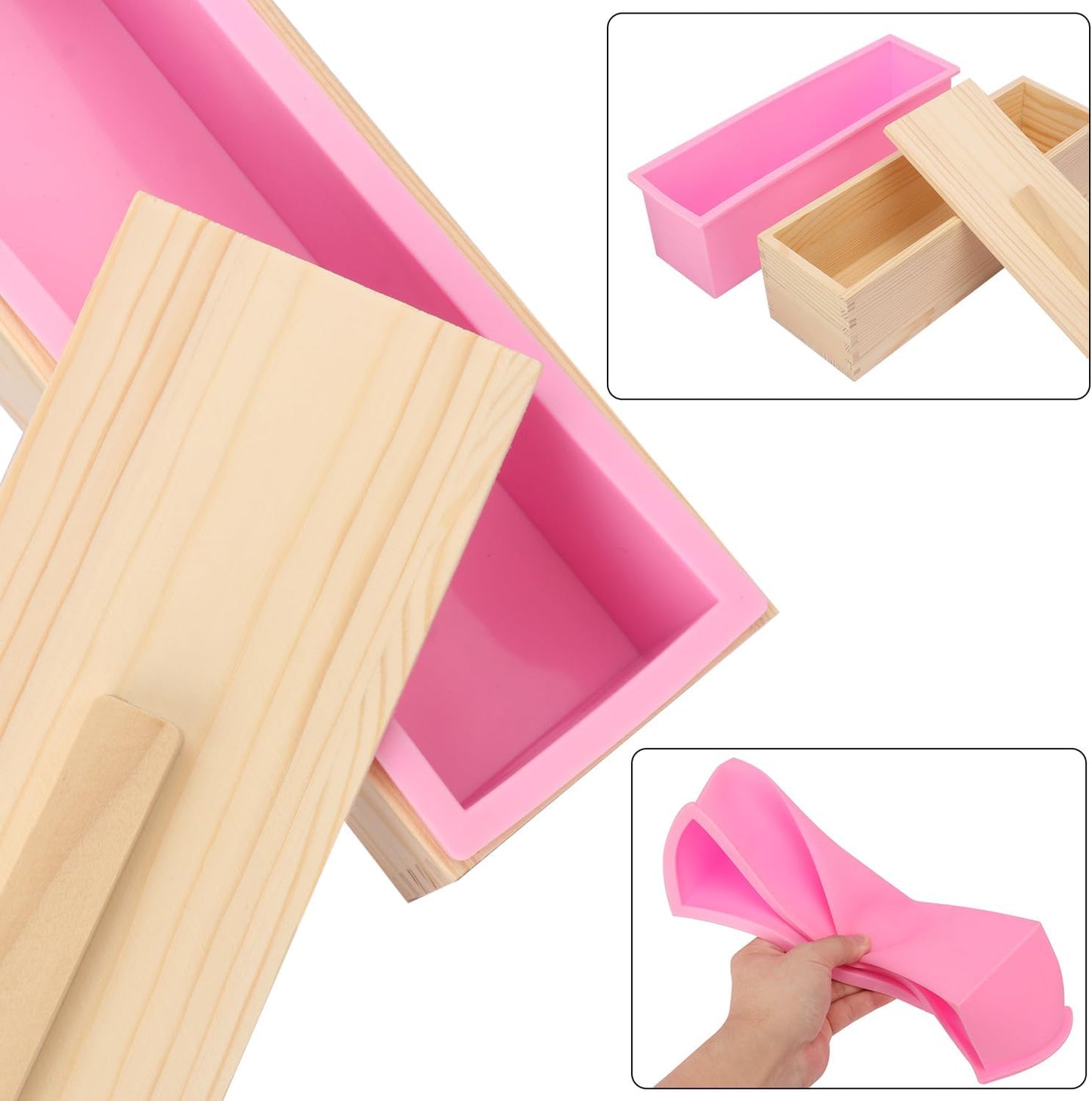 Artisan Soap Loaf Wood Box with 4 Pink Silicone Molds - 42oz, Flexible & Heat Resistant