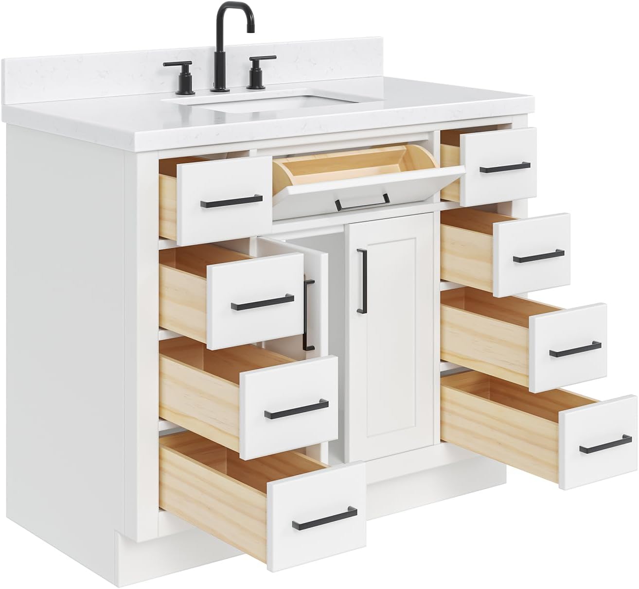 ARIEL Hepburn 42 Inch Single Sink Bathroom Vanity in White, 1.5" Edge Carrara Quartz Top, Solid Wood, Rectangular Sink, 2 Soft Closing Doors, 9 Full Extension Dovetail Drawers, Toe Kick