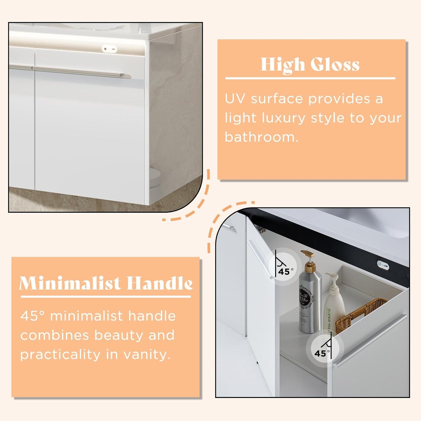AMERLIFE 60" LED Floating Bathroom Double Vanity with Sink Combo, Modern High Gloss Wall Mounted Bathroom Storage Cabinet with 3 Hole Sink & & Metal Handles & Soft Closing Doors, White