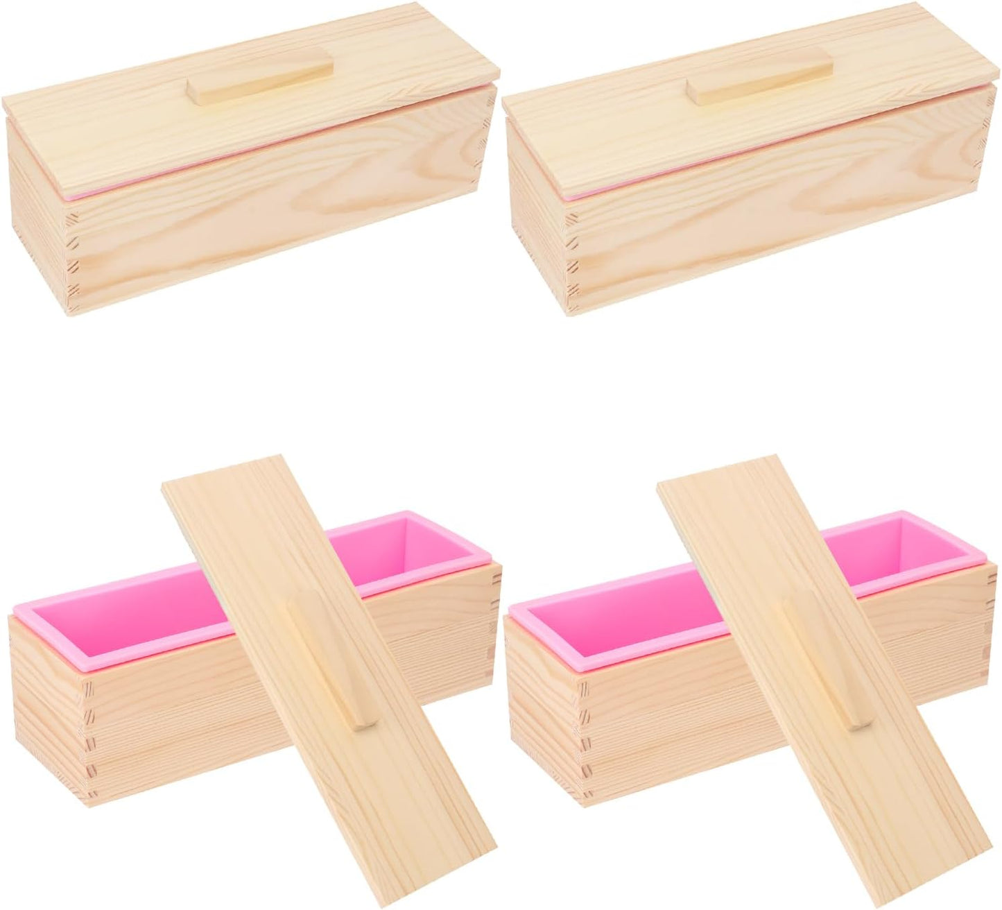 Artisan Soap Loaf Wood Box with 4 Pink Silicone Molds - 42oz, Flexible & Heat Resistant