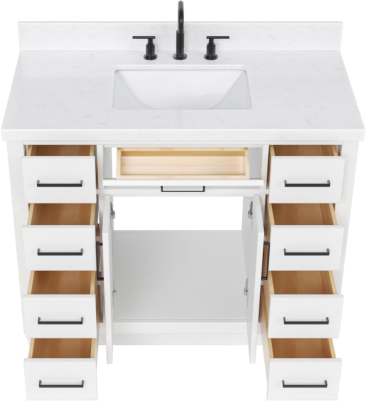 ARIEL Hepburn 42 Inch Single Sink Bathroom Vanity in White, 1.5" Edge Carrara Quartz Top, Solid Wood, Rectangular Sink, 2 Soft Closing Doors, 9 Full Extension Dovetail Drawers, Toe Kick