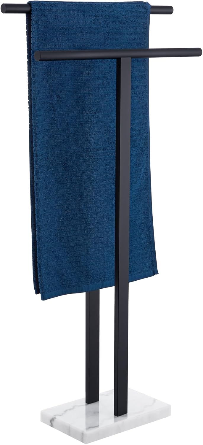 KOKOSIRI Standing Towel Rack for Bathroom Floor 2-Tier Towel Holder Free Stand with Heavy Marble Base Thicken Steady Design Gold Stainless Steel THS0005-BG