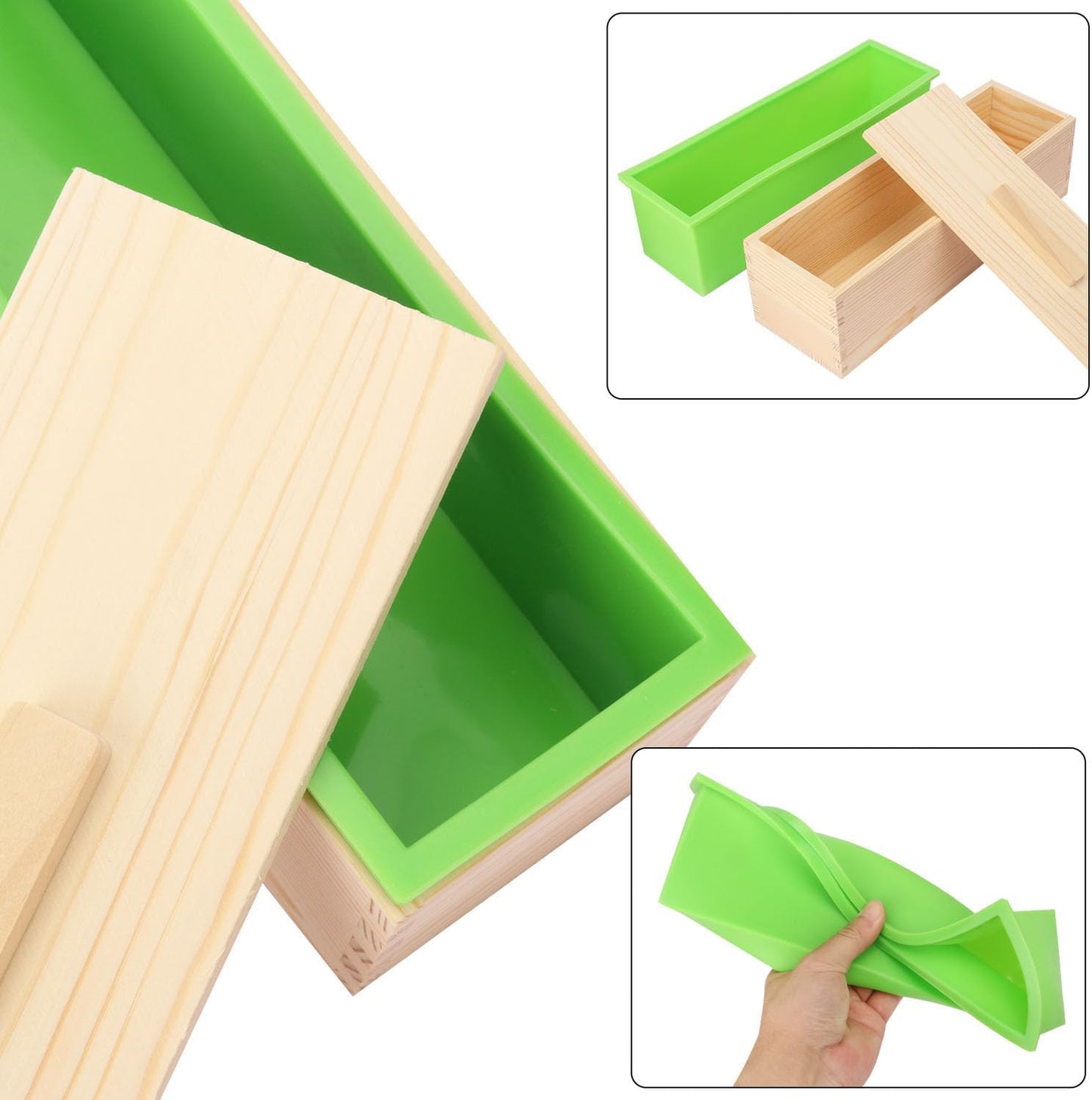6 Packs 42oz Soap Loaf Wood Box for Soap Making, Green Premium Silicone Loaf Soap Mollds with Wooden Box and Lid, Ideal for Large Size Homemade Soaps, Flexible and Heat Resistant