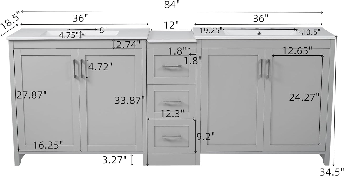 84 Inch Bathroom Vanity with Double Sink,Large Double Sink Vanities with 3 Drawers Storage Cabinet,Intergrated Ceramic & Middle Quartz Countertop,Adjustable Shelves,Soft Close Hinges,Grey,6004G