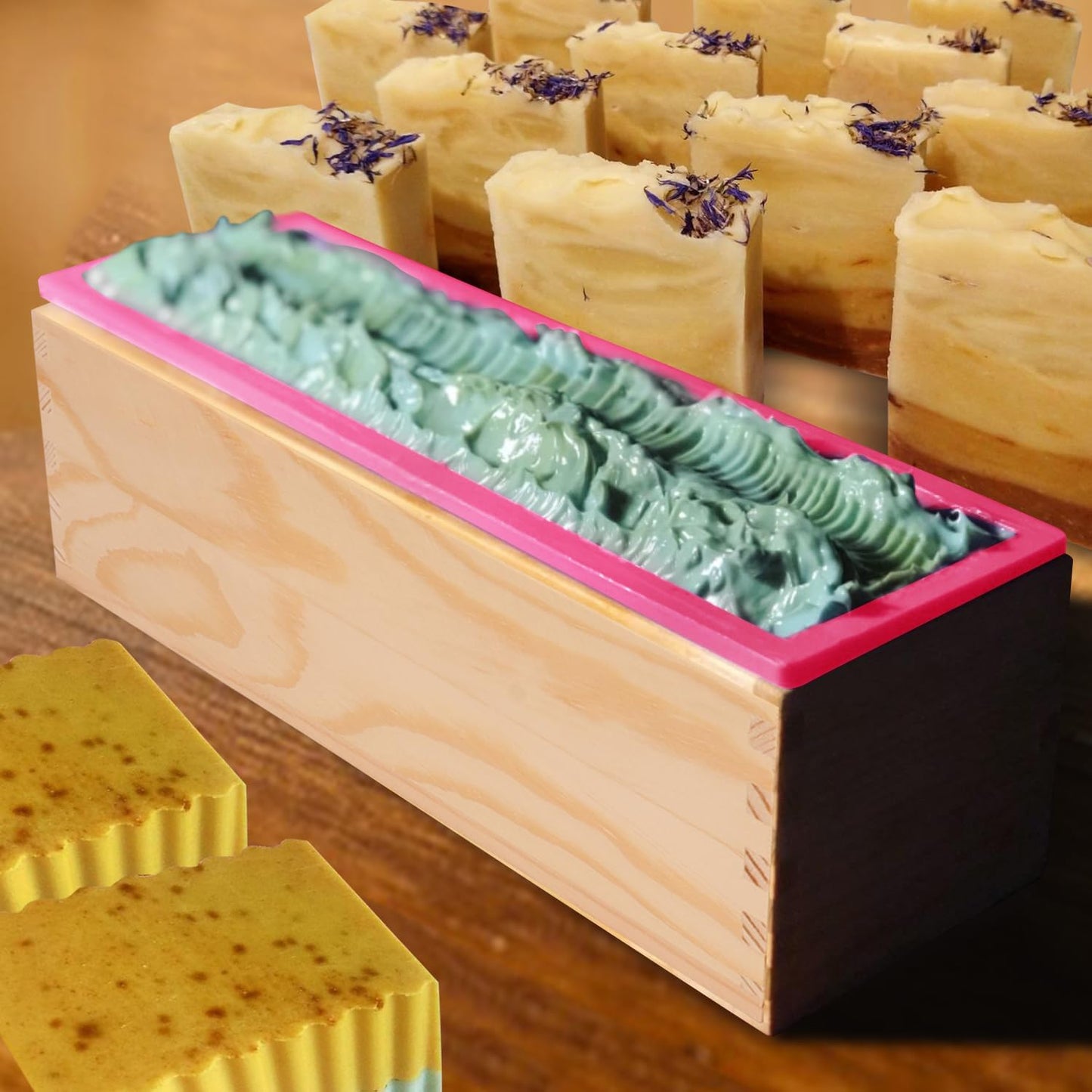 Artisan Soap Loaf Wood Box with 4 Pink Silicone Molds - 42oz, Flexible & Heat Resistant