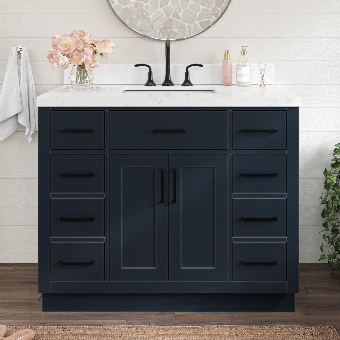 ARIEL Hepburn 42 Inch Single Sink Bathroom Vanity in White, 1.5" Edge Carrara Quartz Top, Solid Wood, Rectangular Sink, 2 Soft Closing Doors, 9 Full Extension Dovetail Drawers, Toe Kick