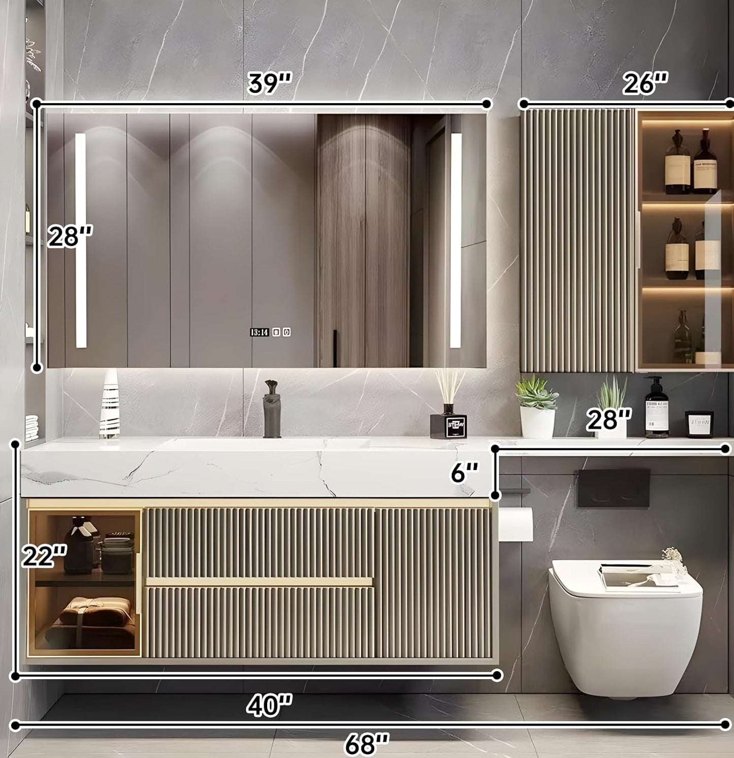 Single Sink Bathroom Vanity, Modern Bathroom Vanity Set Include Smart Defogging Mirror & Toilet Mirror Cabinet & Extended Countertop, Wall-Mounted Bathroom Vanities with Integrated Sink (68")