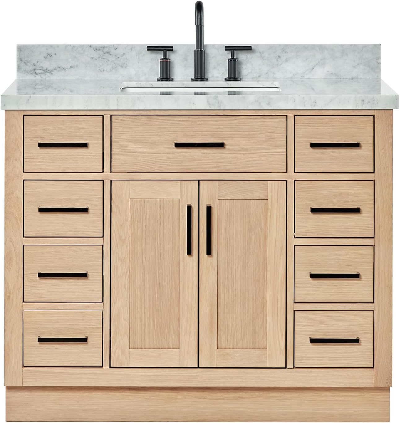 ARIEL Hepburn 42 Inch Single Sink Bathroom Vanity in White, 1.5" Edge Carrara Quartz Top, Solid Wood, Rectangular Sink, 2 Soft Closing Doors, 9 Full Extension Dovetail Drawers, Toe Kick