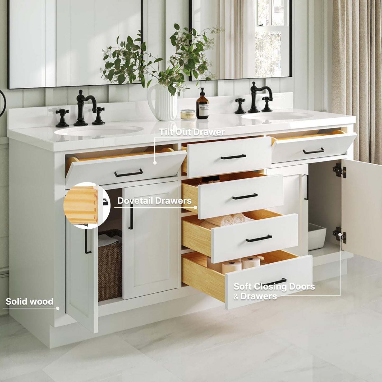 ARIEL 73" White Double Vanity, 1.5" Edge Pure White Quartz Countertop & Splash, Oval Sinks, 4 Soft Closing Doors, 6 Full Extension Dovetail Drawers, Toe Kick, Matte Black