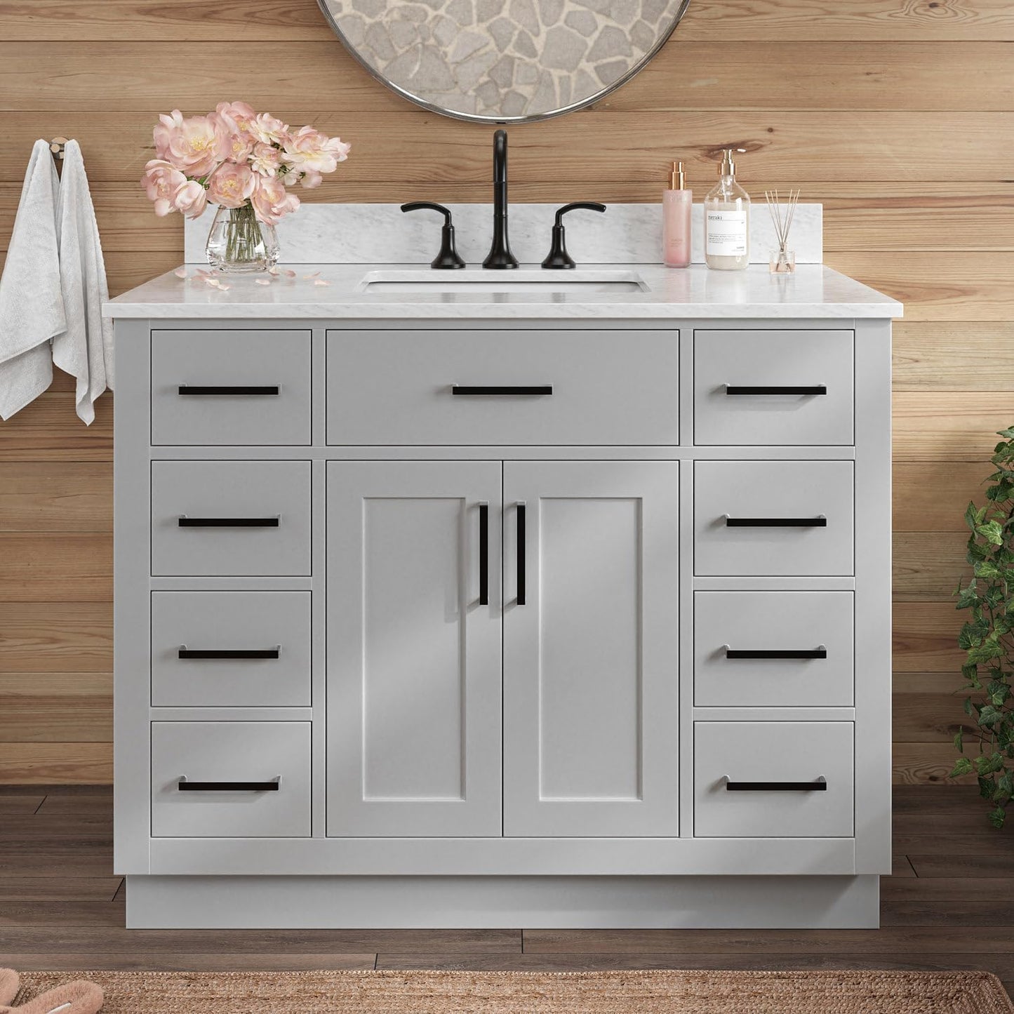 ARIEL Hepburn 42 Inch Single Sink Bathroom Vanity in White, 1.5" Edge Carrara Quartz Top, Solid Wood, Rectangular Sink, 2 Soft Closing Doors, 9 Full Extension Dovetail Drawers, Toe Kick