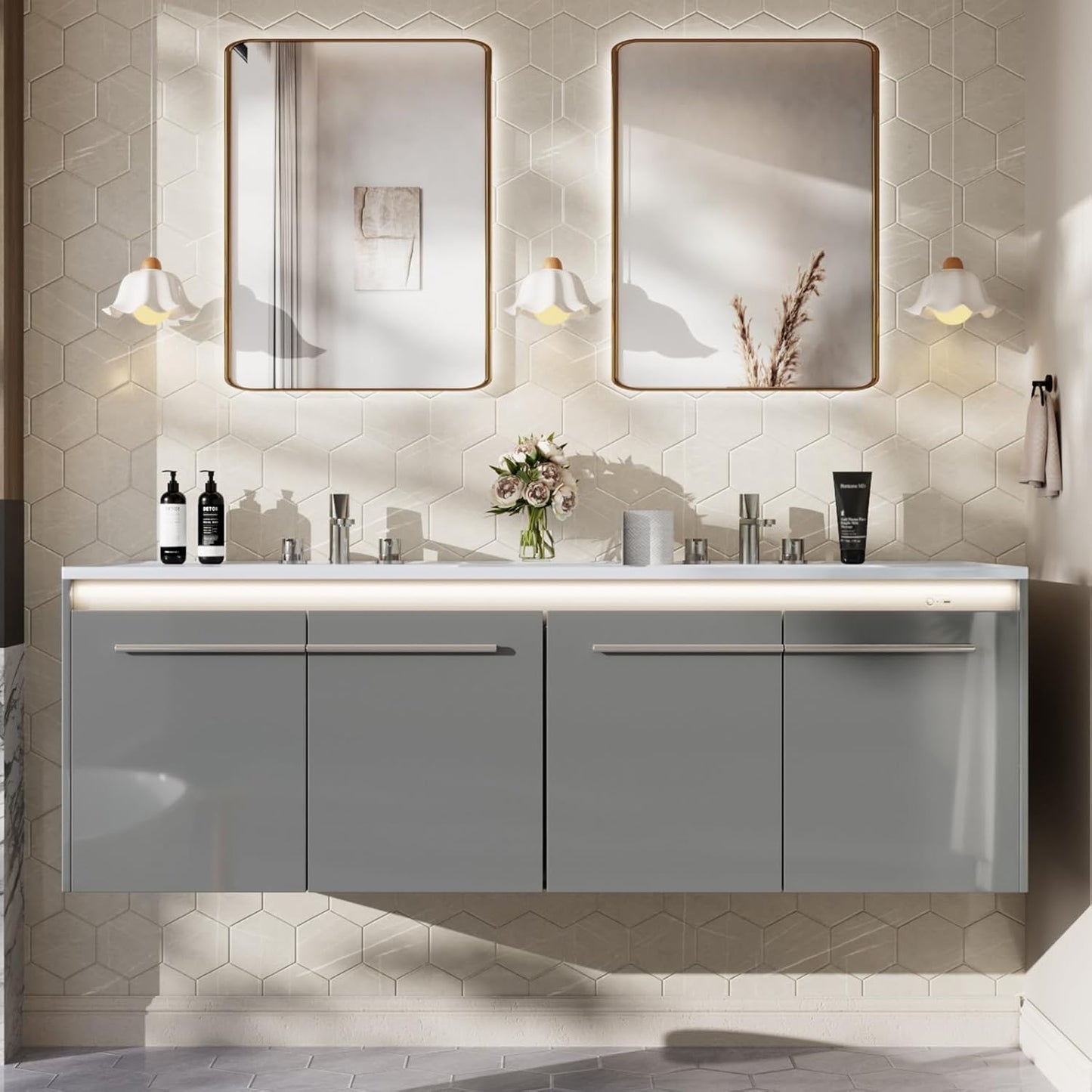 AMERLIFE 60" LED Floating Bathroom Double Vanity with Sink Combo, Modern High Gloss Wall Mounted Bathroom Storage Cabinet with 3 Hole Sink & & Metal Handles & Soft Closing Doors, White